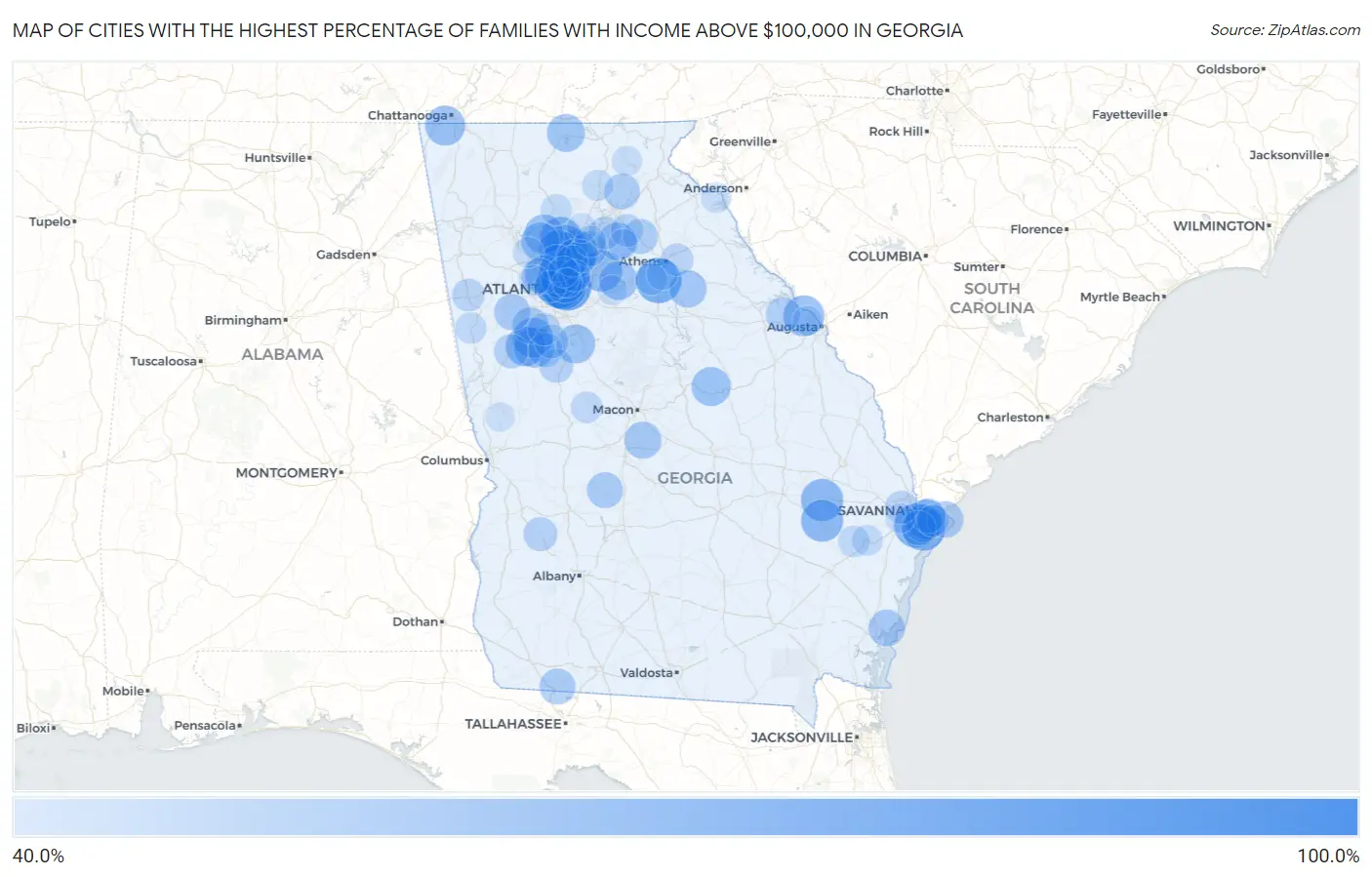 Cities with the Highest Percentage of Families with Income Above $100,000 in Georgia Map