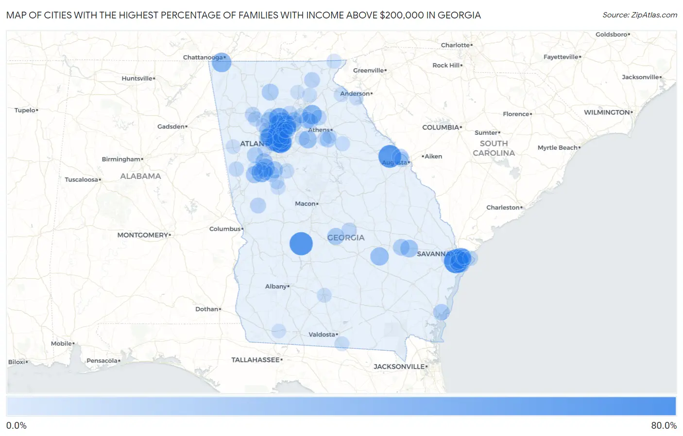 Cities with the Highest Percentage of Families with Income Above $200,000 in Georgia Map