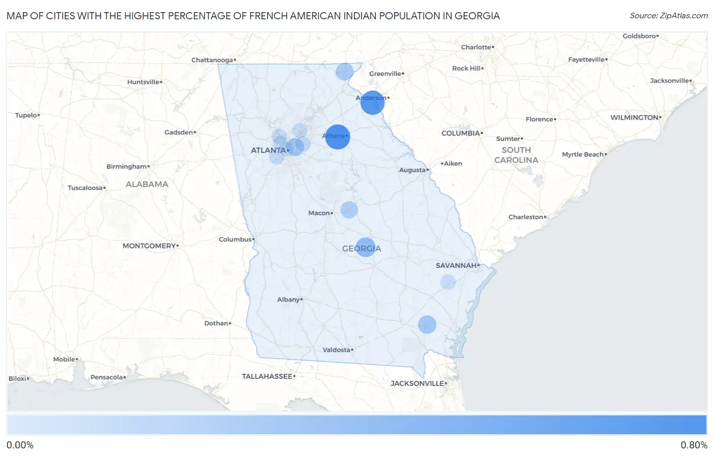 Cities with the Highest Percentage of French American Indian Population in Georgia Map