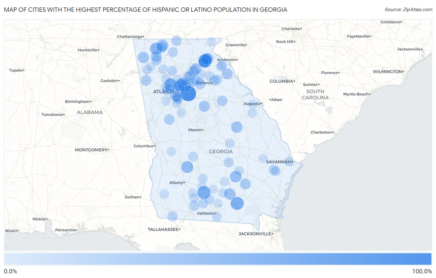 Cities with the Highest Percentage of Hispanic or Latino Population in Georgia Map