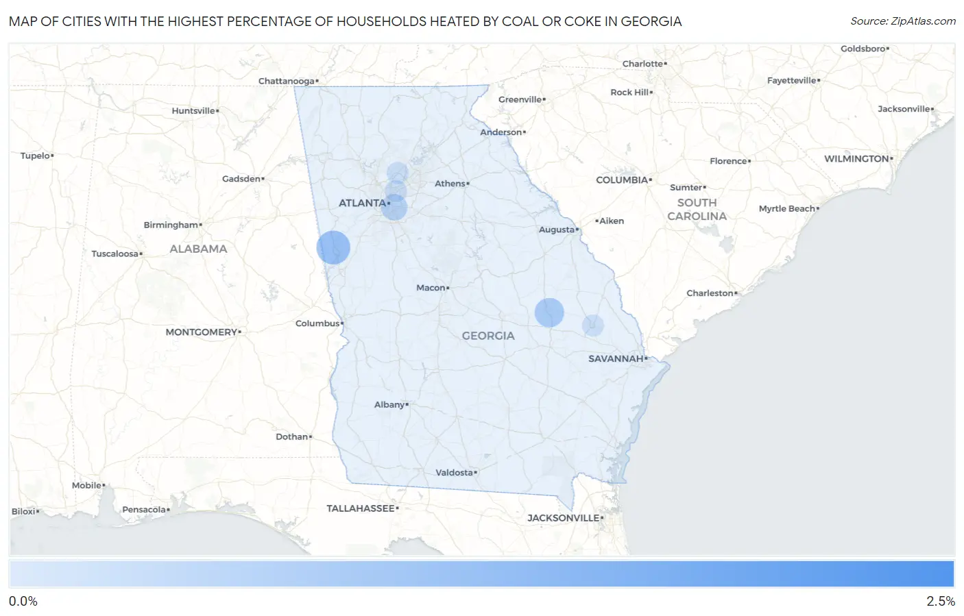 Cities with the Highest Percentage of Households Heated by Coal or Coke in Georgia Map