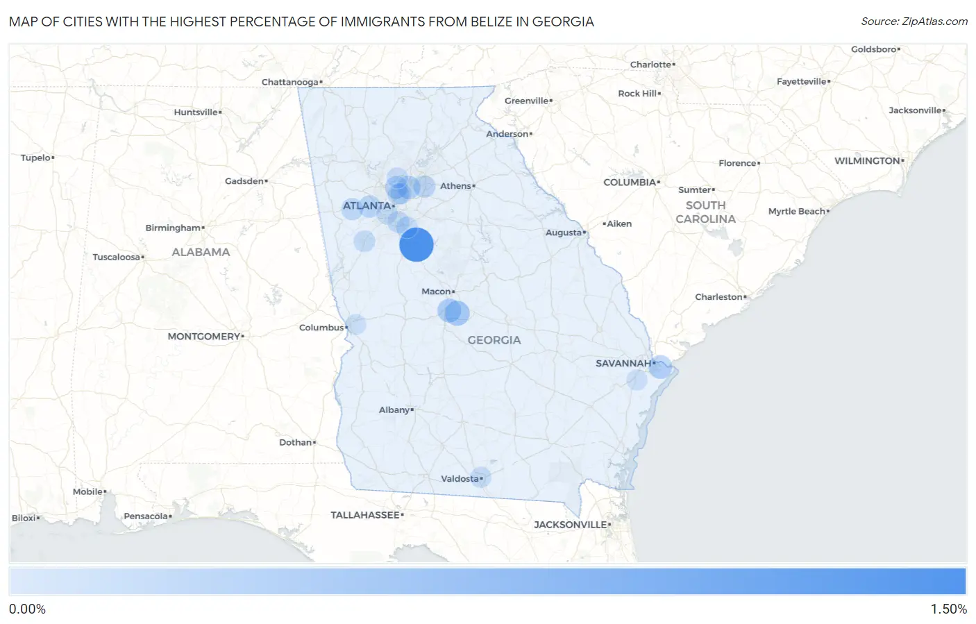 Cities with the Highest Percentage of Immigrants from Belize in Georgia Map