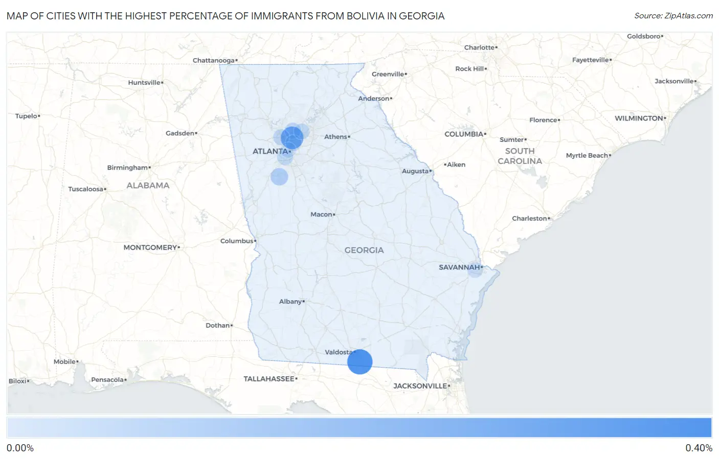 Cities with the Highest Percentage of Immigrants from Bolivia in Georgia Map