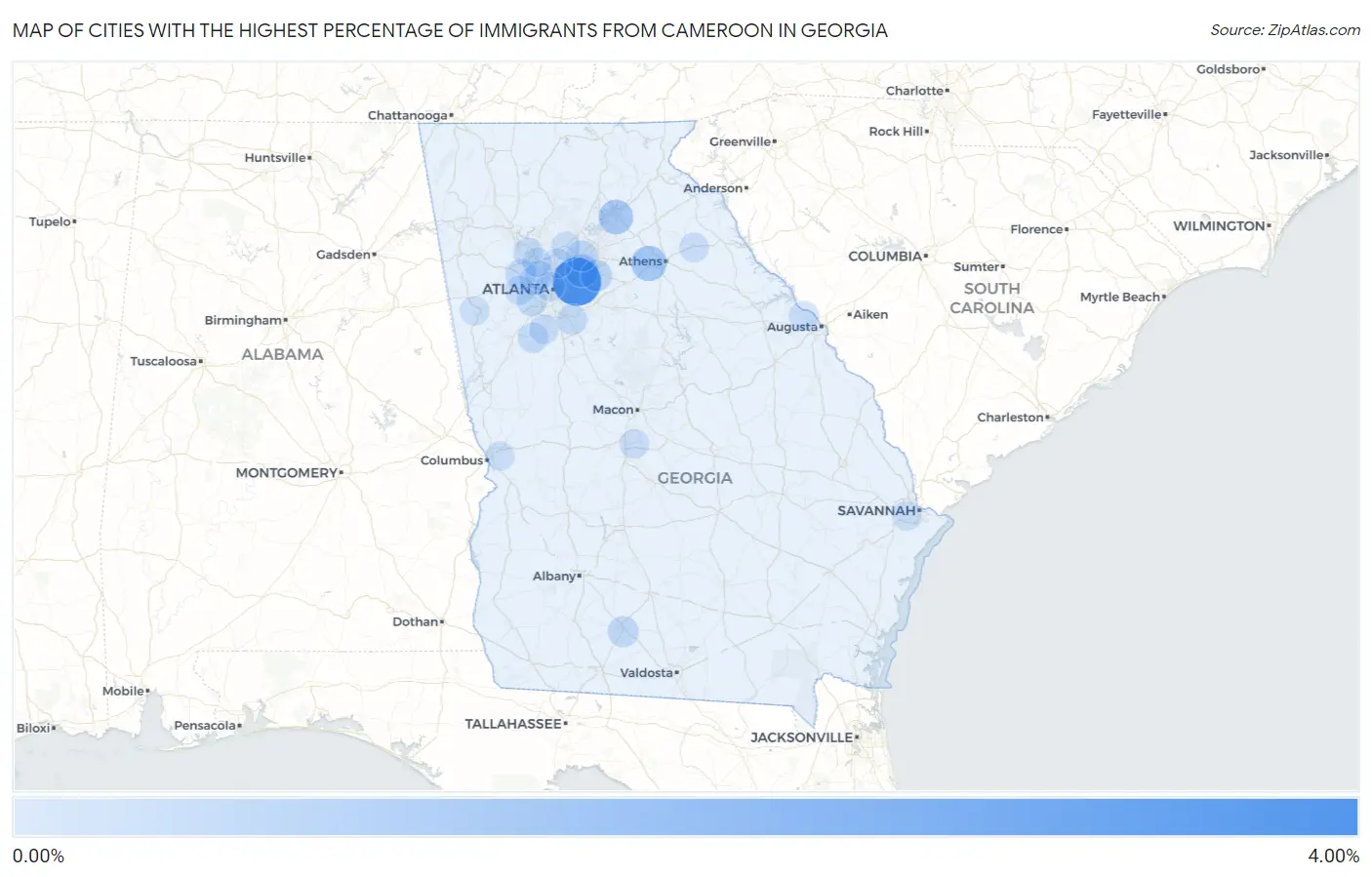 Cities with the Highest Percentage of Immigrants from Cameroon in Georgia Map