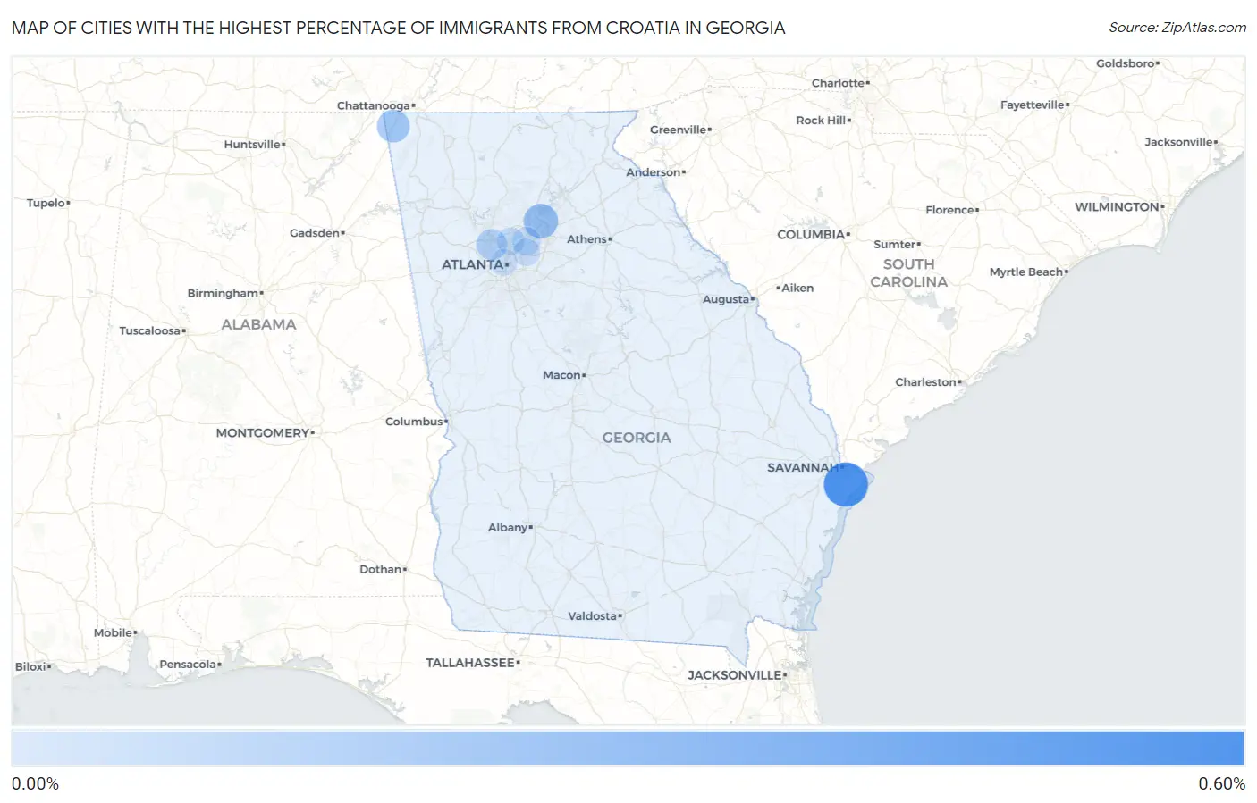 Cities with the Highest Percentage of Immigrants from Croatia in Georgia Map