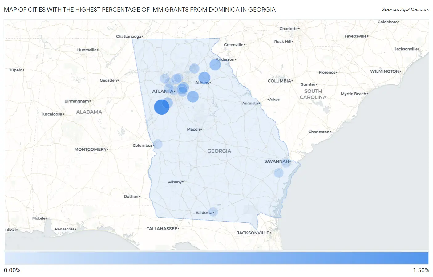 Cities with the Highest Percentage of Immigrants from Dominica in Georgia Map