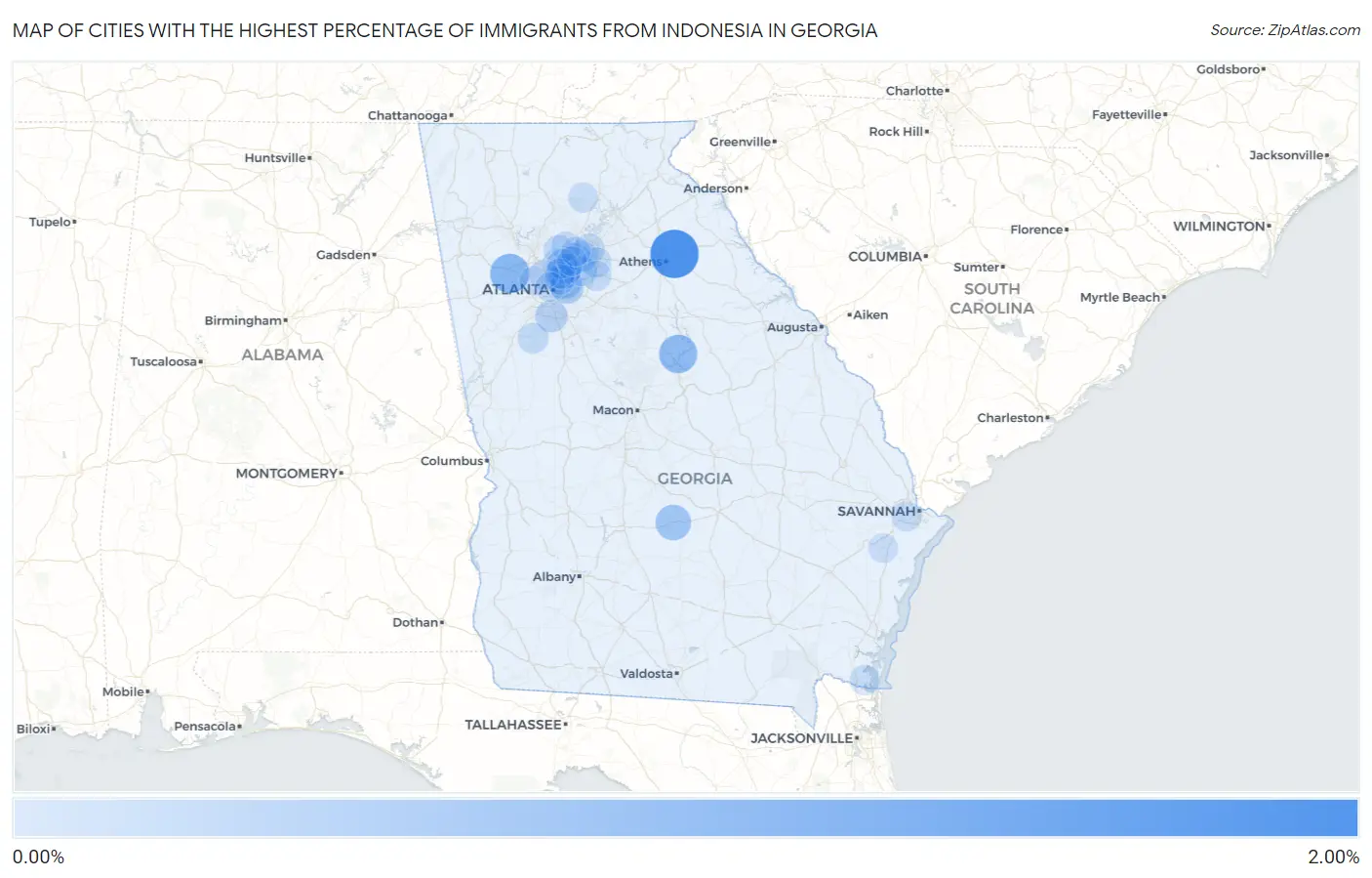 Cities with the Highest Percentage of Immigrants from Indonesia in Georgia Map