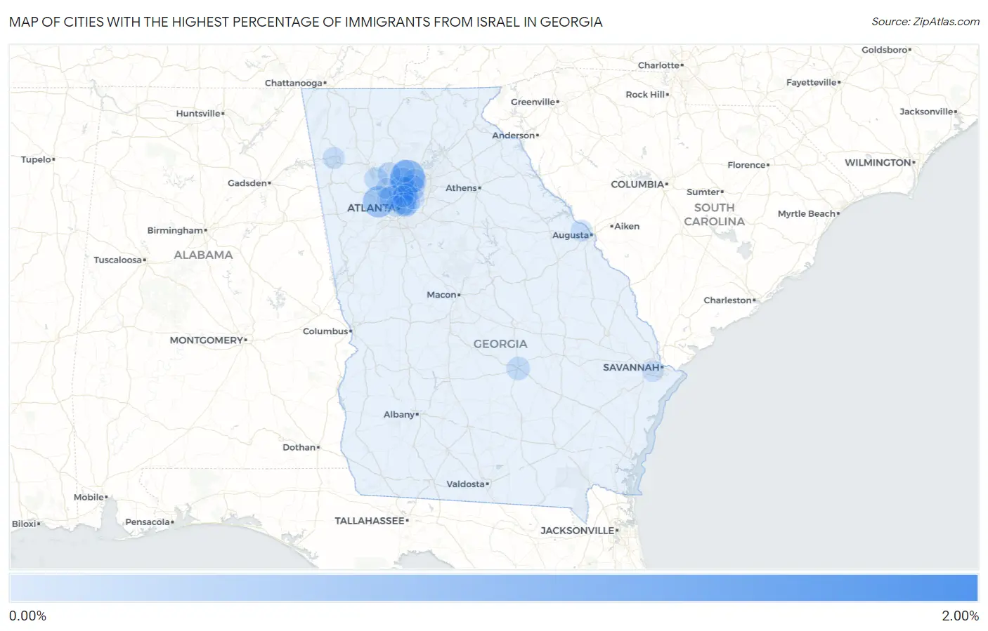 Cities with the Highest Percentage of Immigrants from Israel in Georgia Map