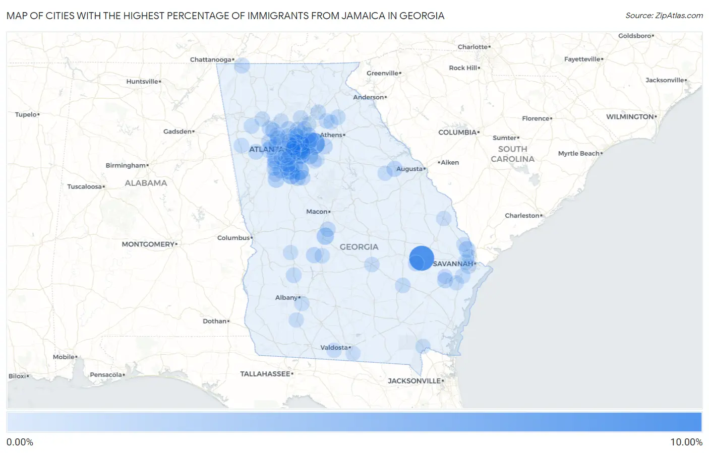 Cities with the Highest Percentage of Immigrants from Jamaica in Georgia Map