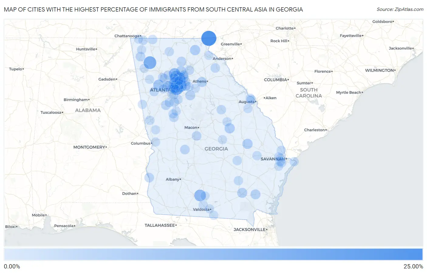 Cities with the Highest Percentage of Immigrants from South Central Asia in Georgia Map
