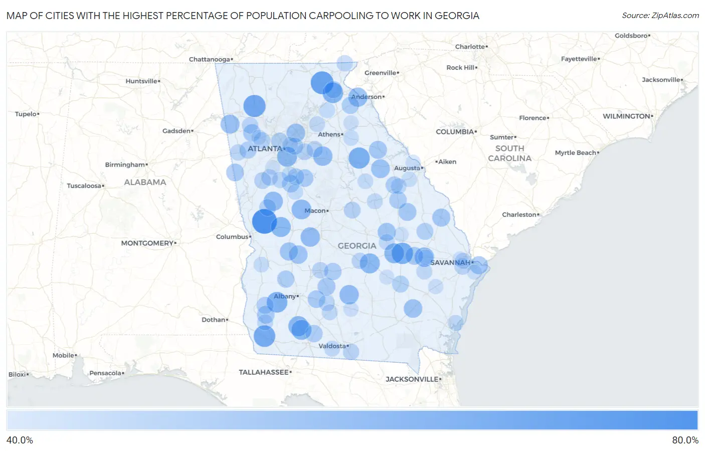 Cities with the Highest Percentage of Population Carpooling to Work in Georgia Map