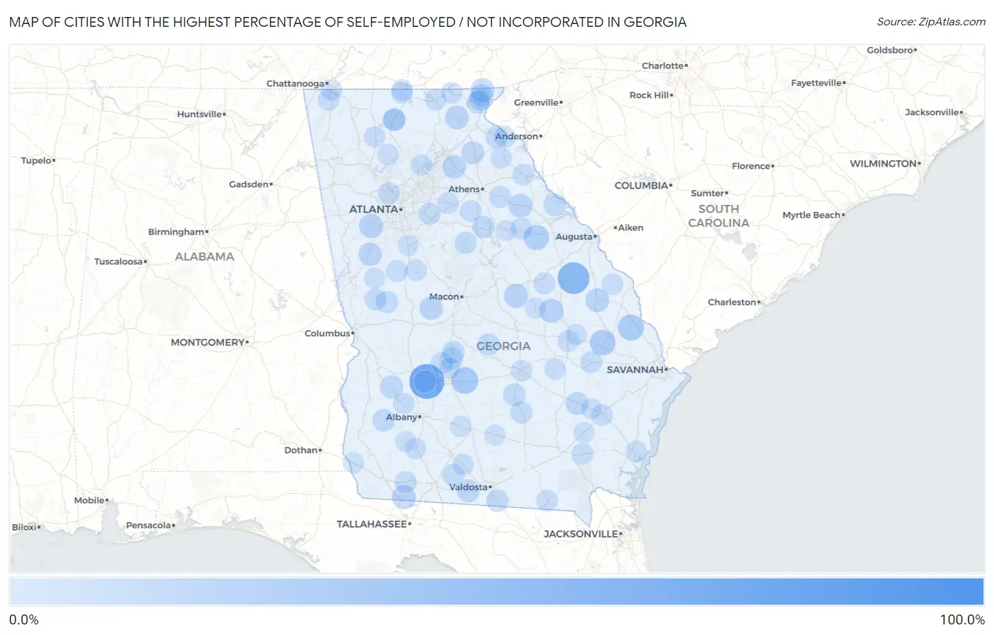 Cities with the Highest Percentage of Self-Employed / Not Incorporated in Georgia Map