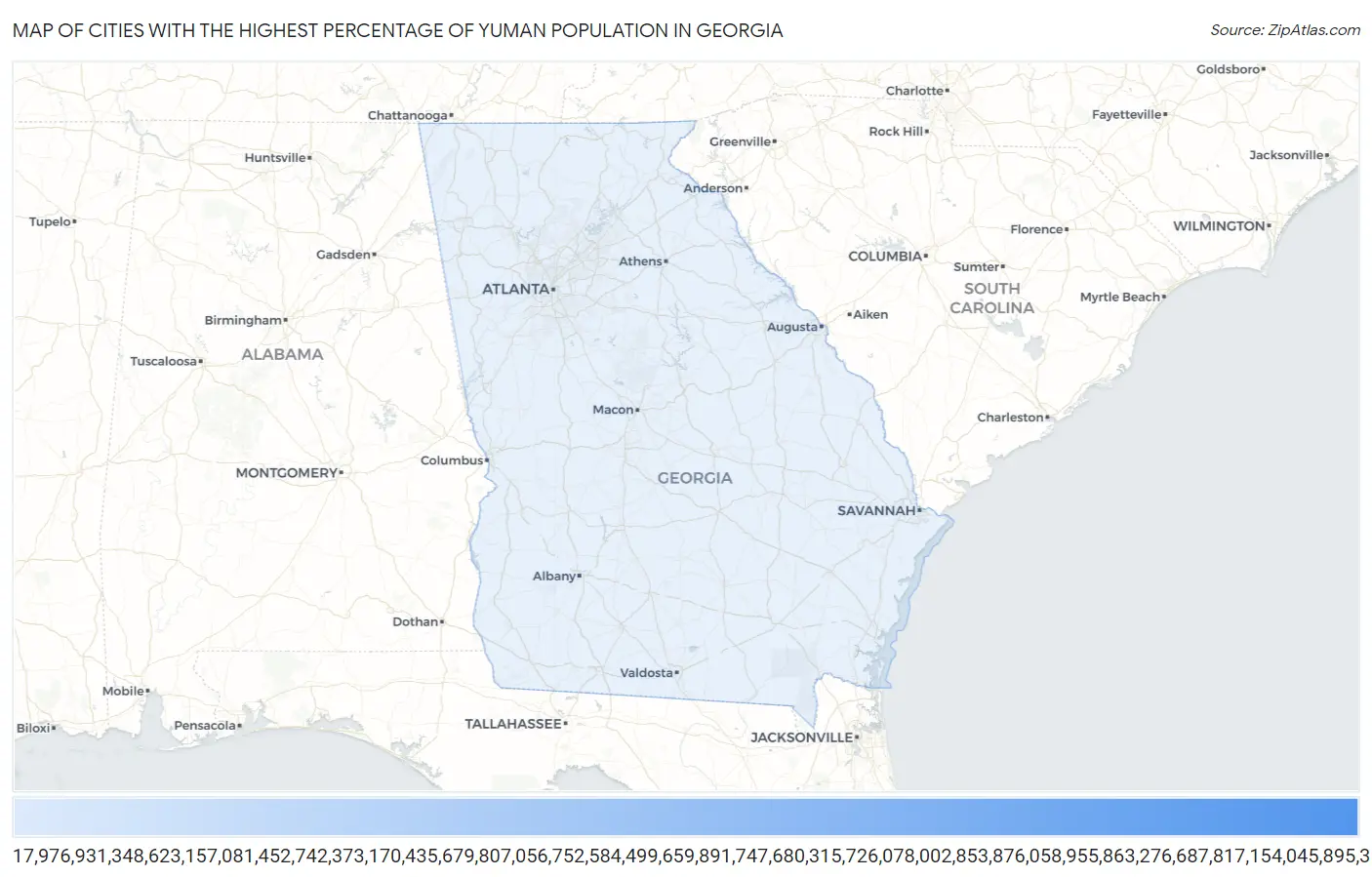 Cities with the Highest Percentage of Yuman Population in Georgia Map