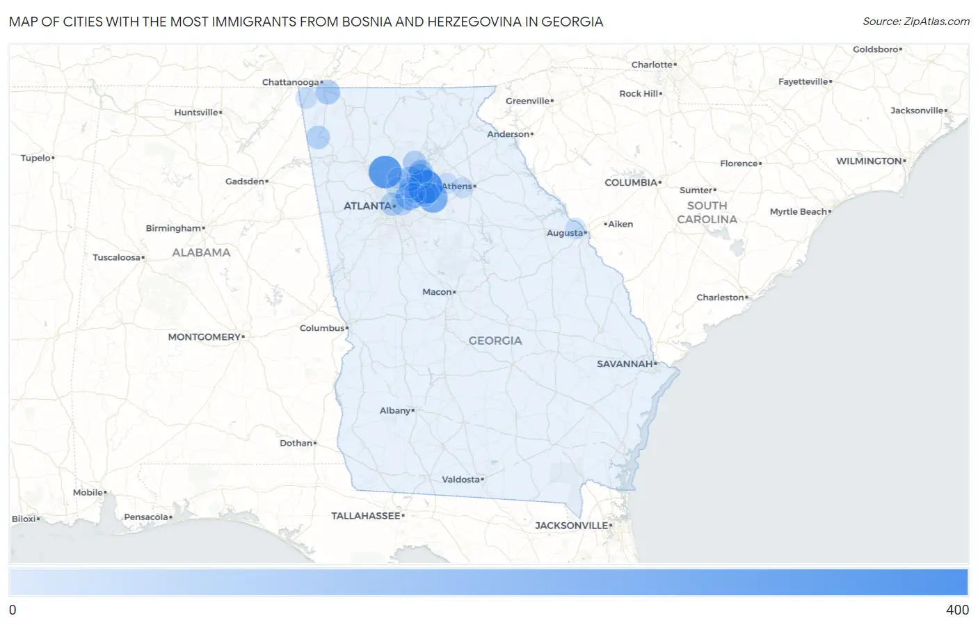 Cities with the Most Immigrants from Bosnia and Herzegovina in Georgia Map