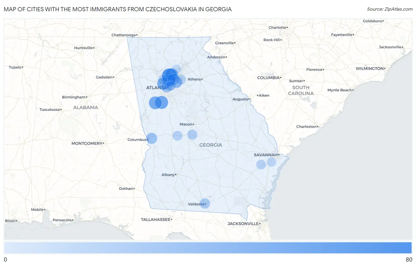 Cities with the Most Immigrants from Czechoslovakia in Georgia Map