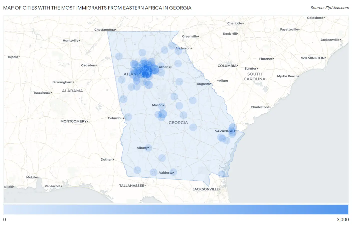 Cities with the Most Immigrants from Eastern Africa in Georgia Map
