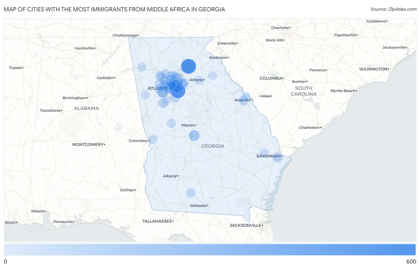 Cities with the Most Immigrants from Middle Africa in Georgia Map