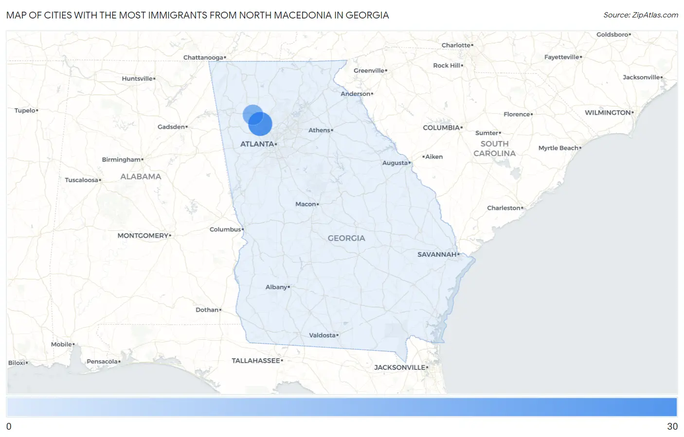 Cities with the Most Immigrants from North Macedonia in Georgia Map