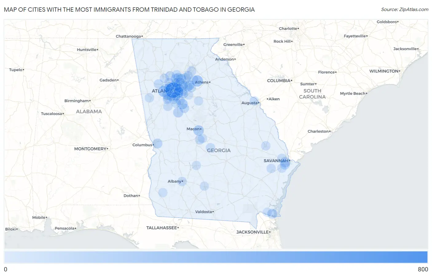 Cities with the Most Immigrants from Trinidad and Tobago in Georgia Map