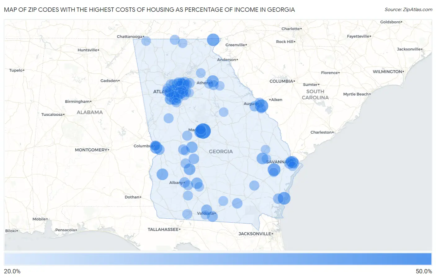 Zip Codes with the Highest Costs of Housing as Percentage of Income in Georgia Map