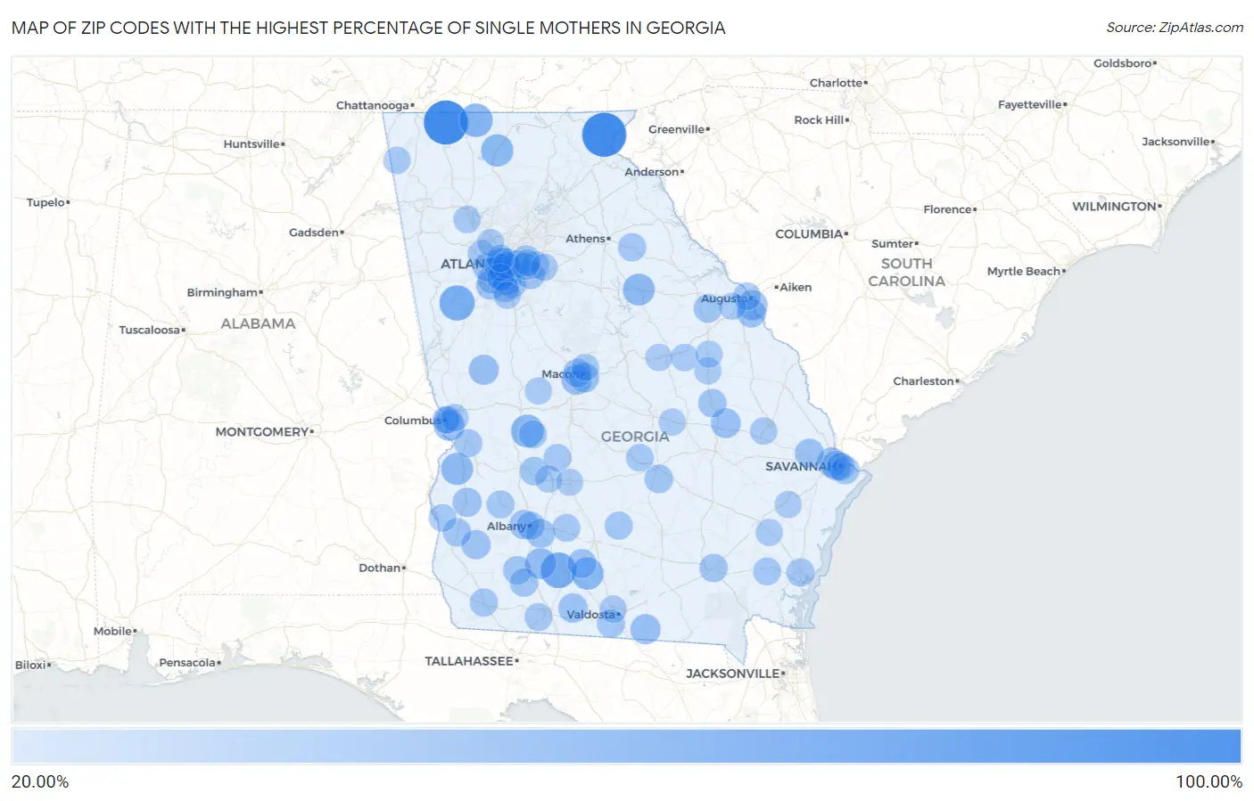 Zip Codes with the Highest Percentage of Single Mothers in Georgia Map
