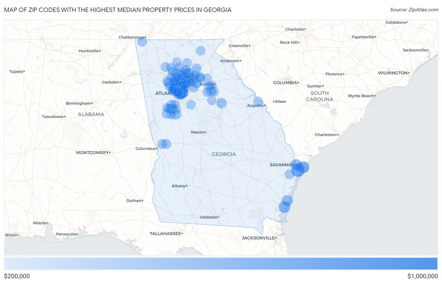 Zip Codes with the Highest Median Property Prices in Georgia Map
