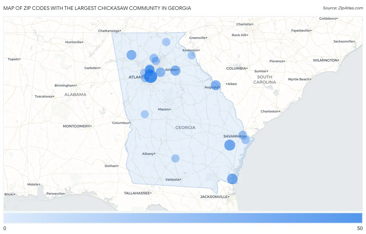 Zip Codes with the Largest Chickasaw Community in Georgia Map