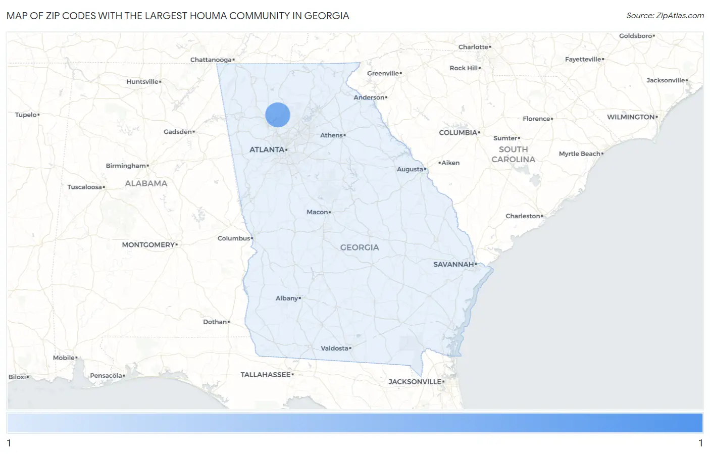 Zip Codes with the Largest Houma Community in Georgia Map