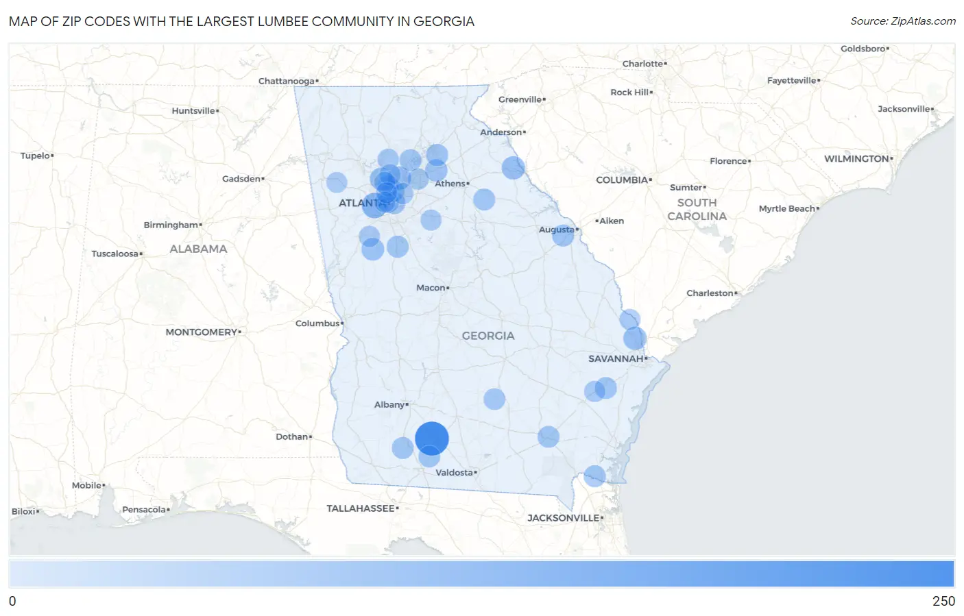Zip Codes with the Largest Lumbee Community in Georgia Map