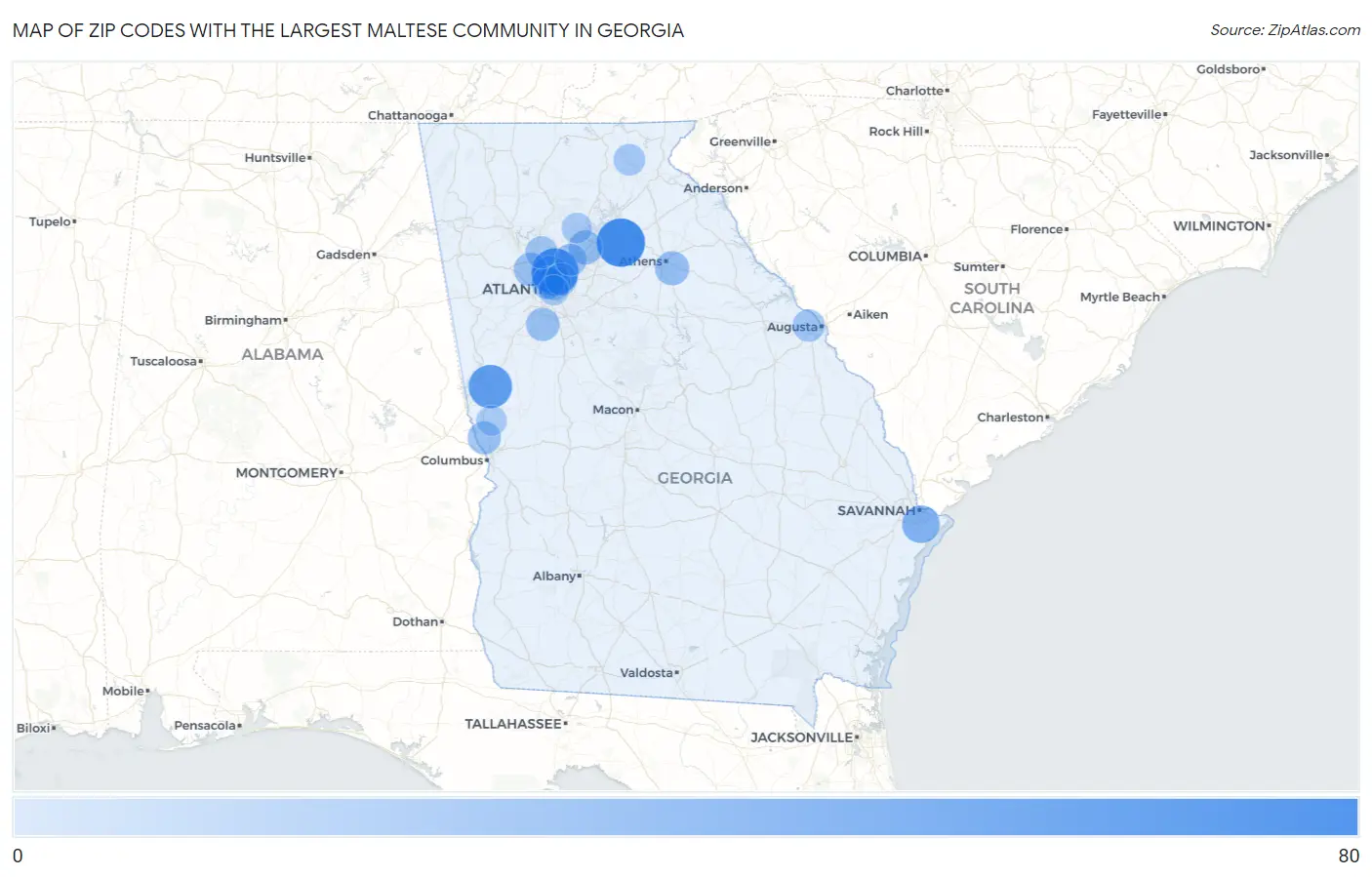 Zip Codes with the Largest Maltese Community in Georgia Map