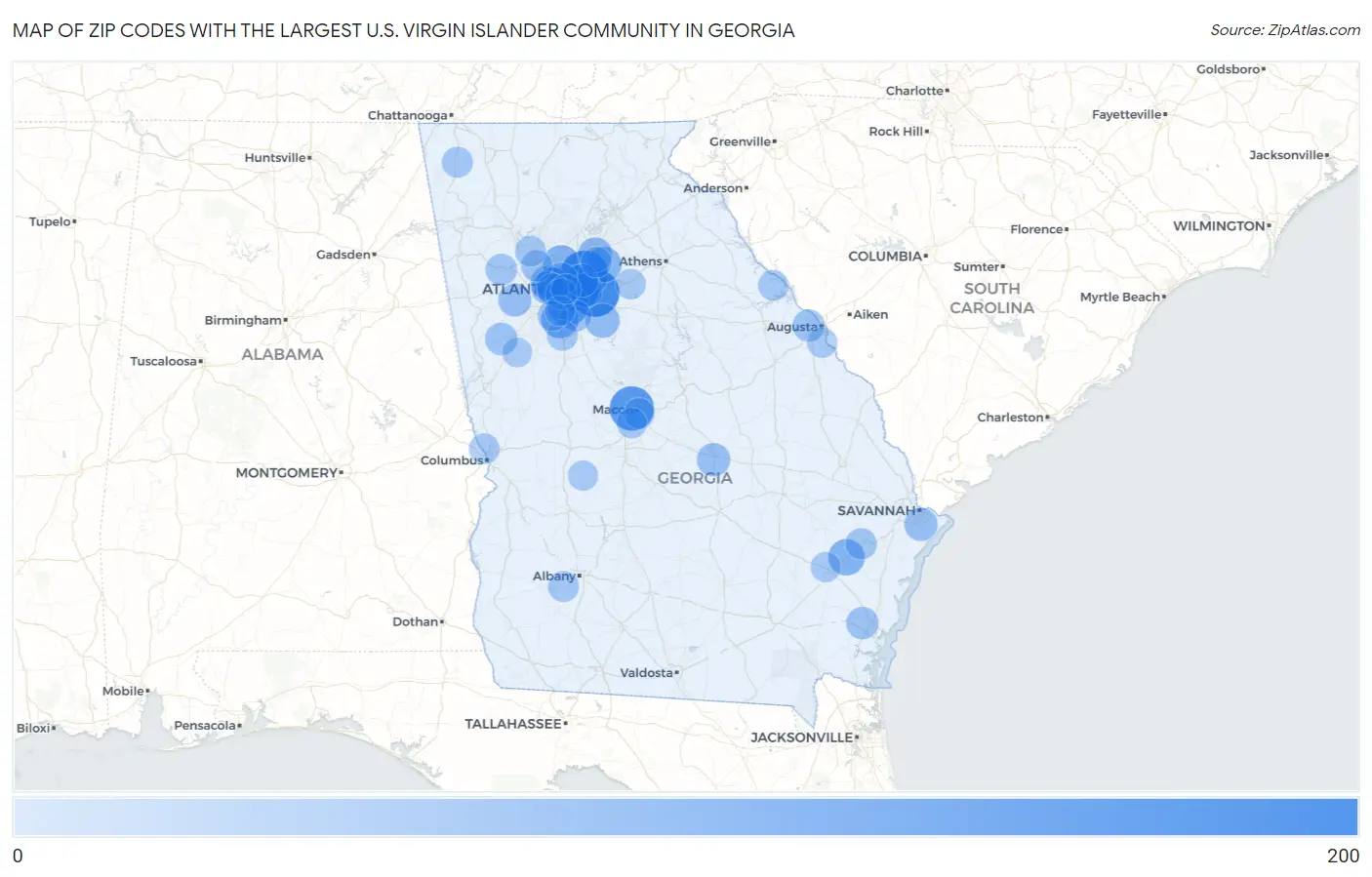Zip Codes with the Largest U.S. Virgin Islander Community in Georgia Map