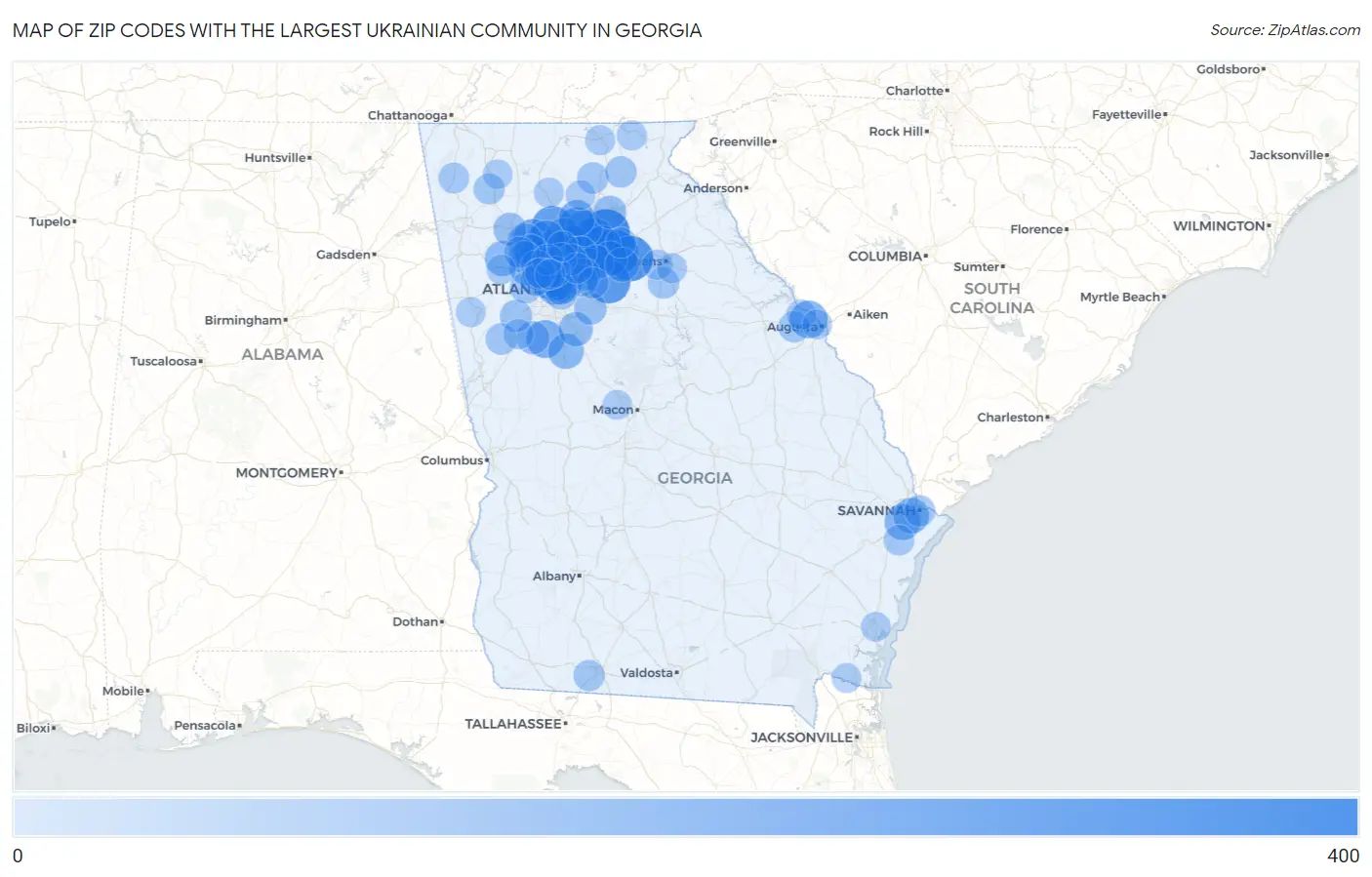Zip Codes with the Largest Ukrainian Community in Georgia Map