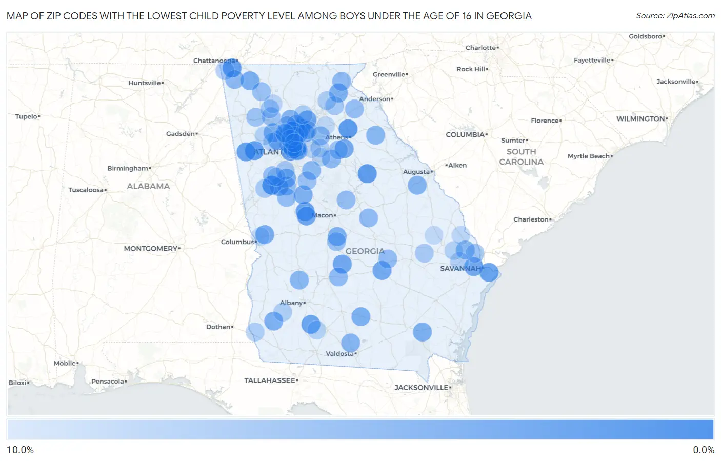 Zip Codes with the Lowest Child Poverty Level Among Boys Under the Age of 16 in Georgia Map
