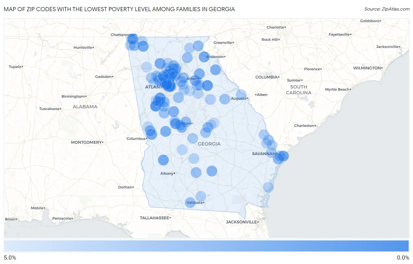 Zip Codes with the Lowest Poverty Level Among Families in Georgia Map