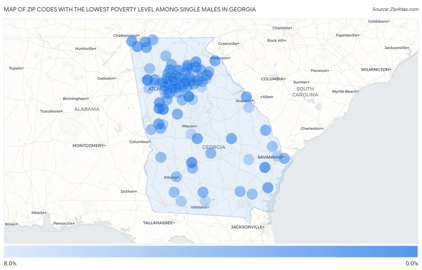 Zip Codes with the Lowest Poverty Level Among Single Males in Georgia Map