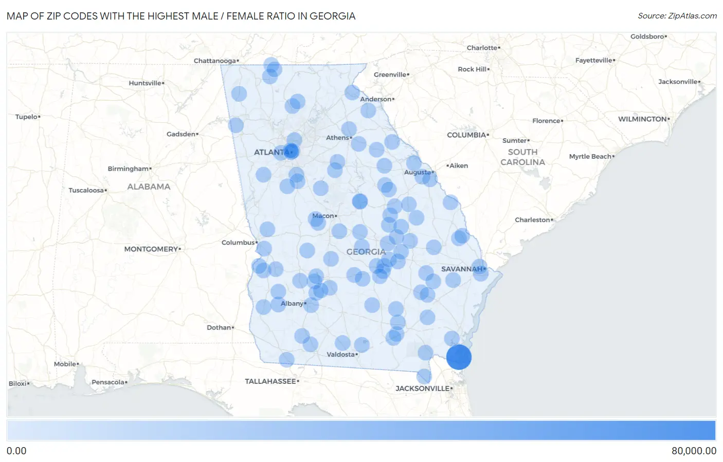 Zip Codes with the Highest Male / Female Ratio in Georgia Map