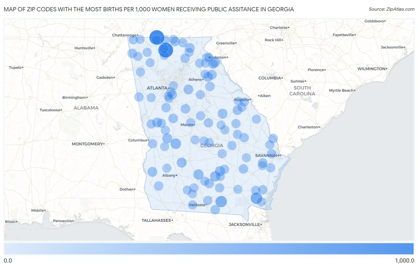 Zip Codes with the Most Births per 1,000 Women Receiving Public Assitance in Georgia Map