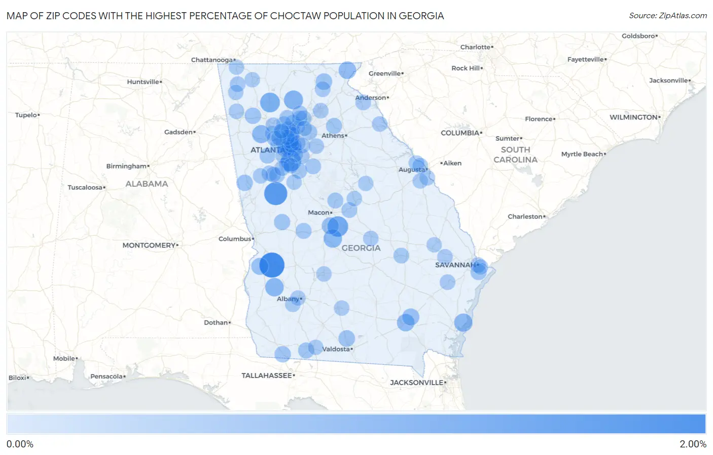 Zip Codes with the Highest Percentage of Choctaw Population in Georgia Map