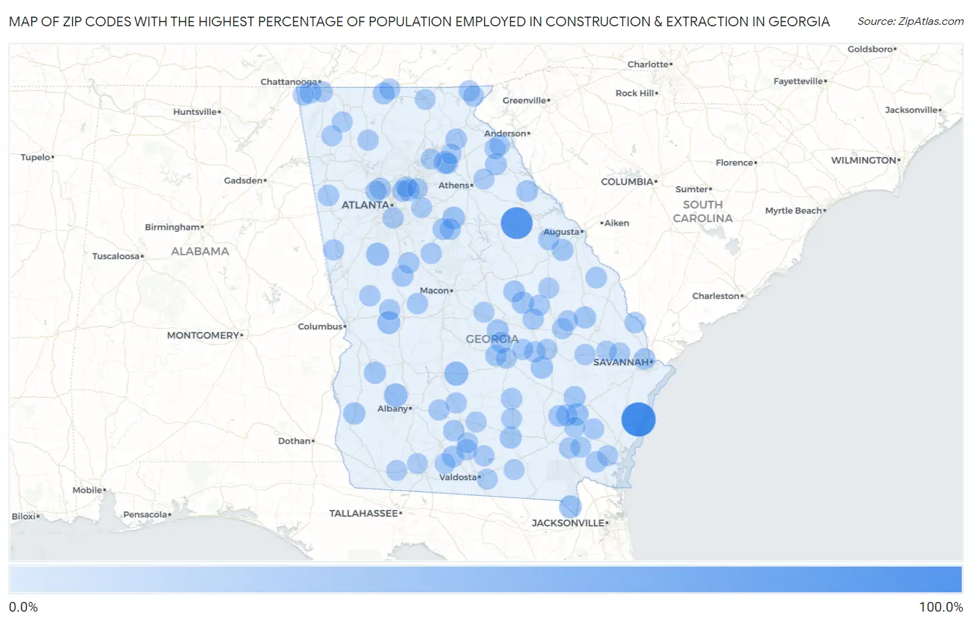 Zip Codes with the Highest Percentage of Population Employed in Construction & Extraction in Georgia Map
