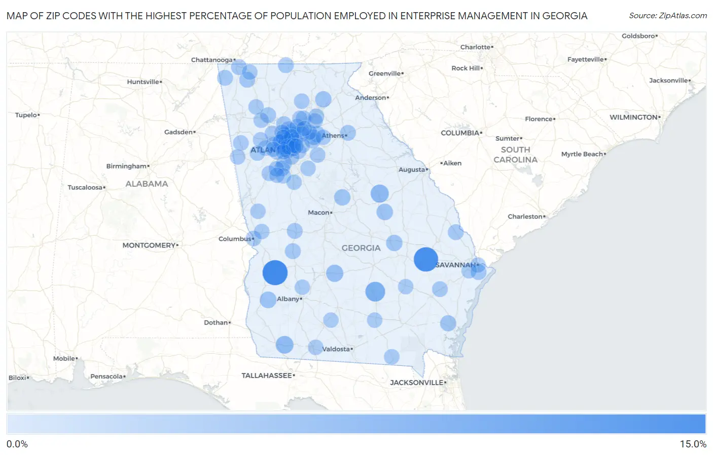 Zip Codes with the Highest Percentage of Population Employed in Enterprise Management in Georgia Map