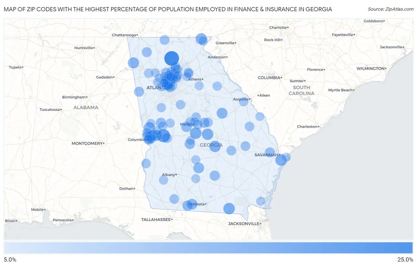 Zip Codes with the Highest Percentage of Population Employed in Finance & Insurance in Georgia Map