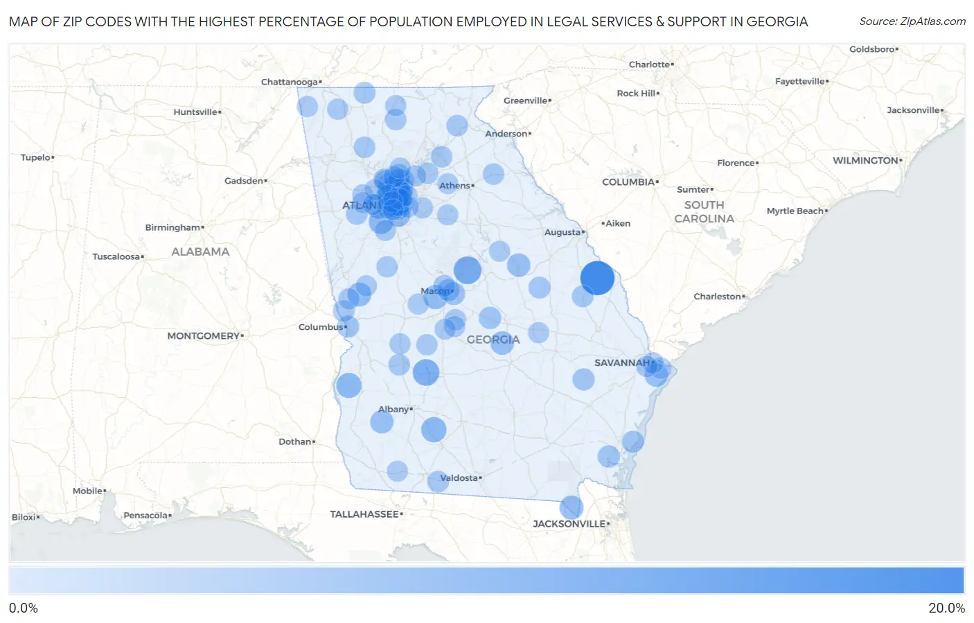 Zip Codes with the Highest Percentage of Population Employed in Legal Services & Support in Georgia Map