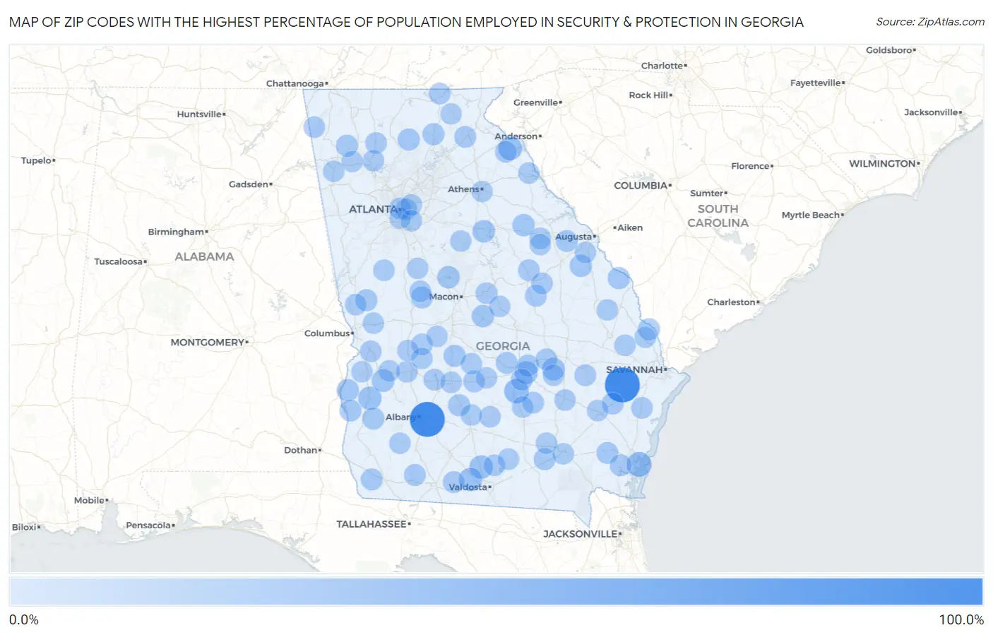 Zip Codes with the Highest Percentage of Population Employed in Security & Protection in Georgia Map