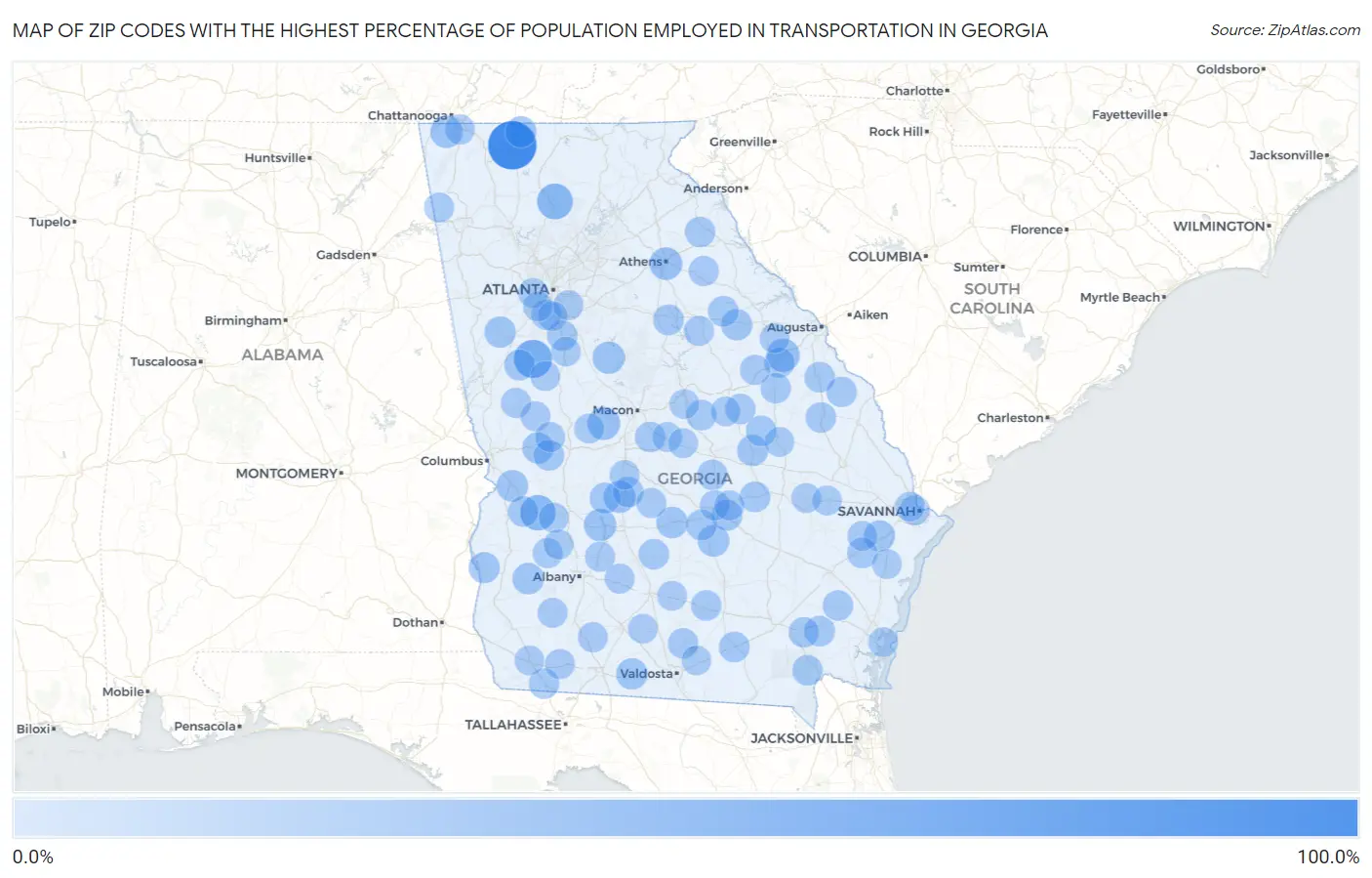 Zip Codes with the Highest Percentage of Population Employed in Transportation in Georgia Map