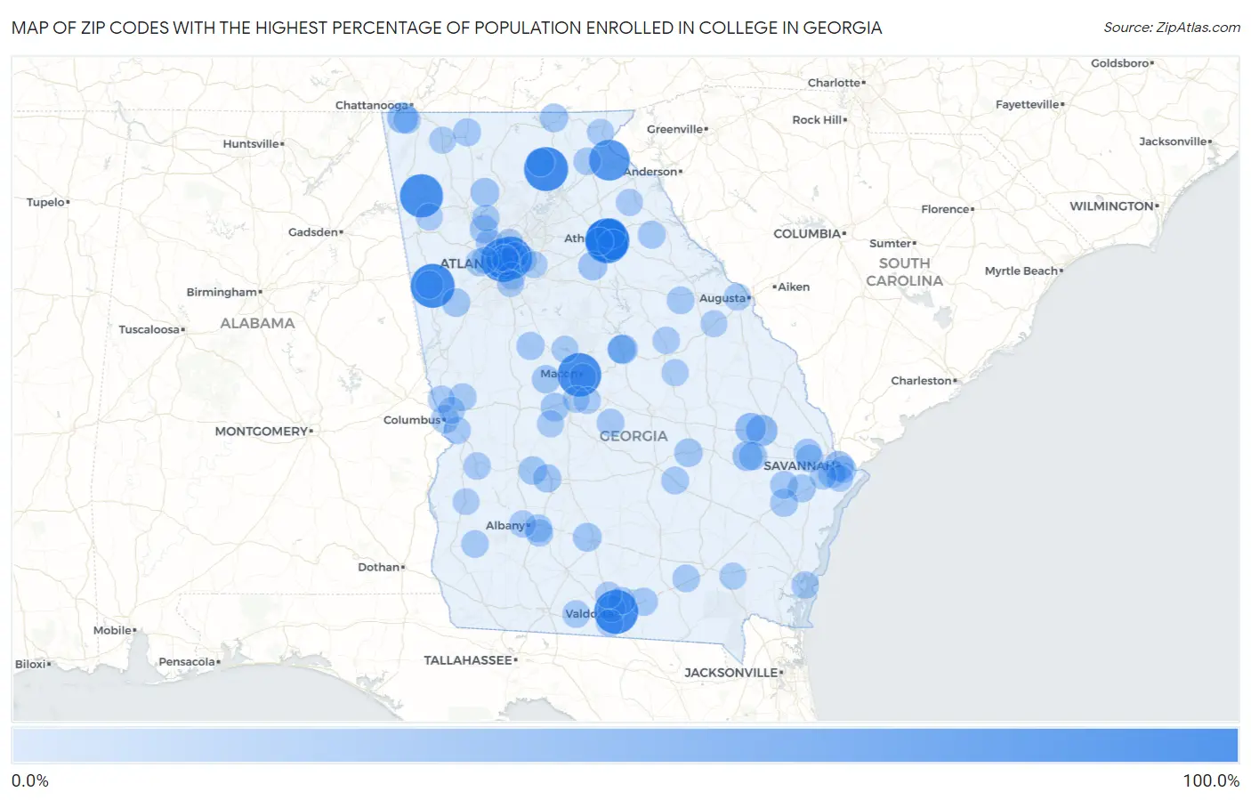 Zip Codes with the Highest Percentage of Population Enrolled in College in Georgia Map