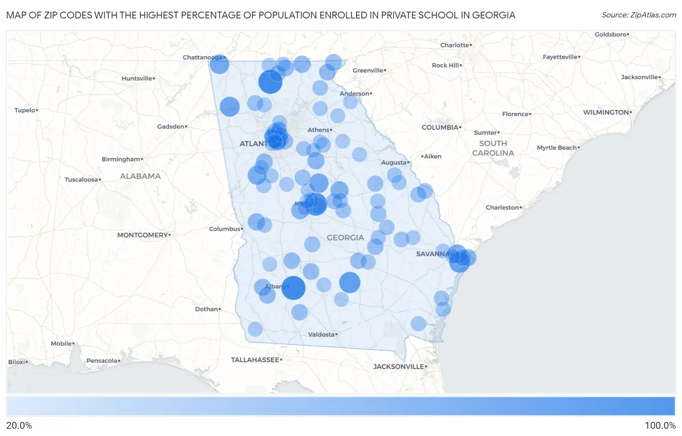 Zip Codes with the Highest Percentage of Population Enrolled in Private School in Georgia Map