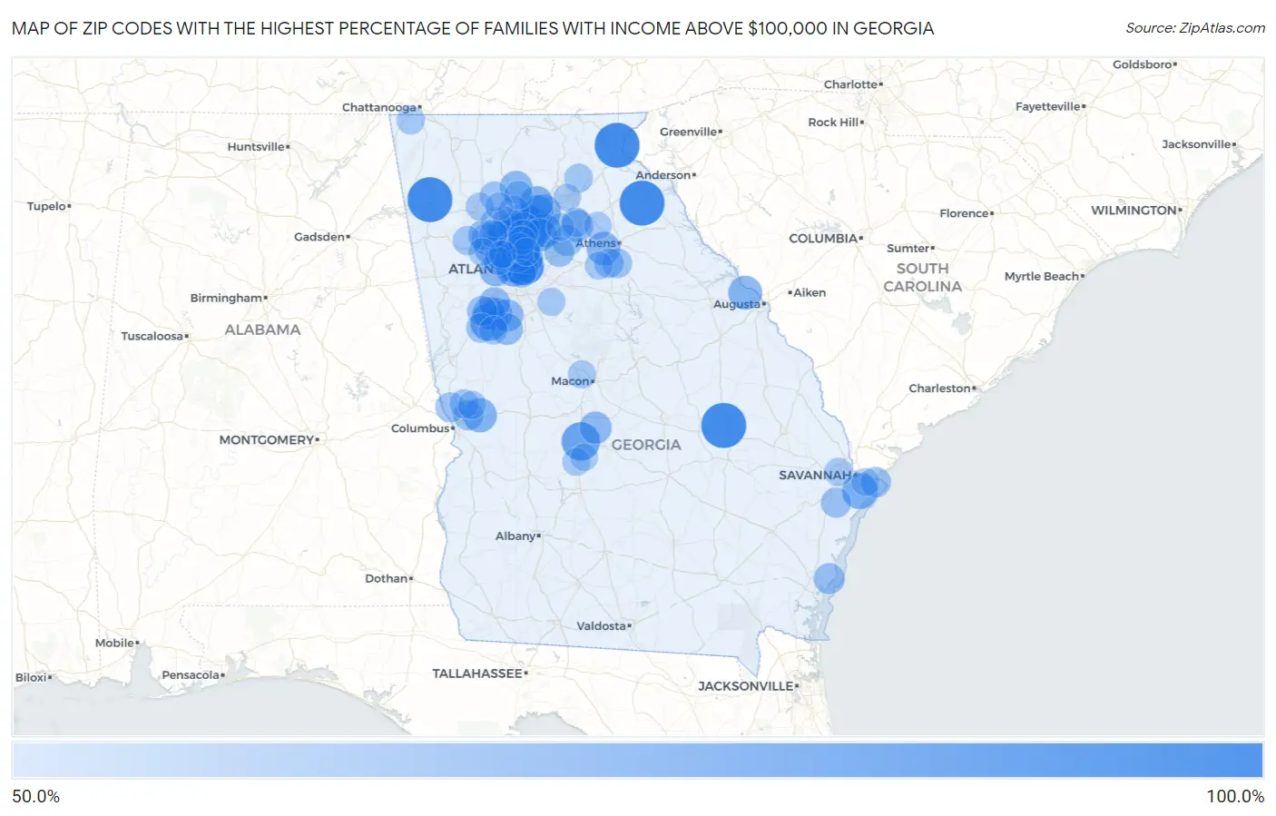 Zip Codes with the Highest Percentage of Families with Income Above $100,000 in Georgia Map
