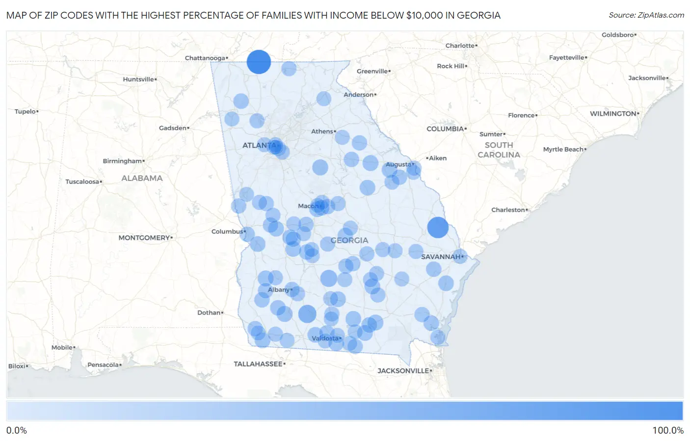 Zip Codes with the Highest Percentage of Families with Income Below $10,000 in Georgia Map