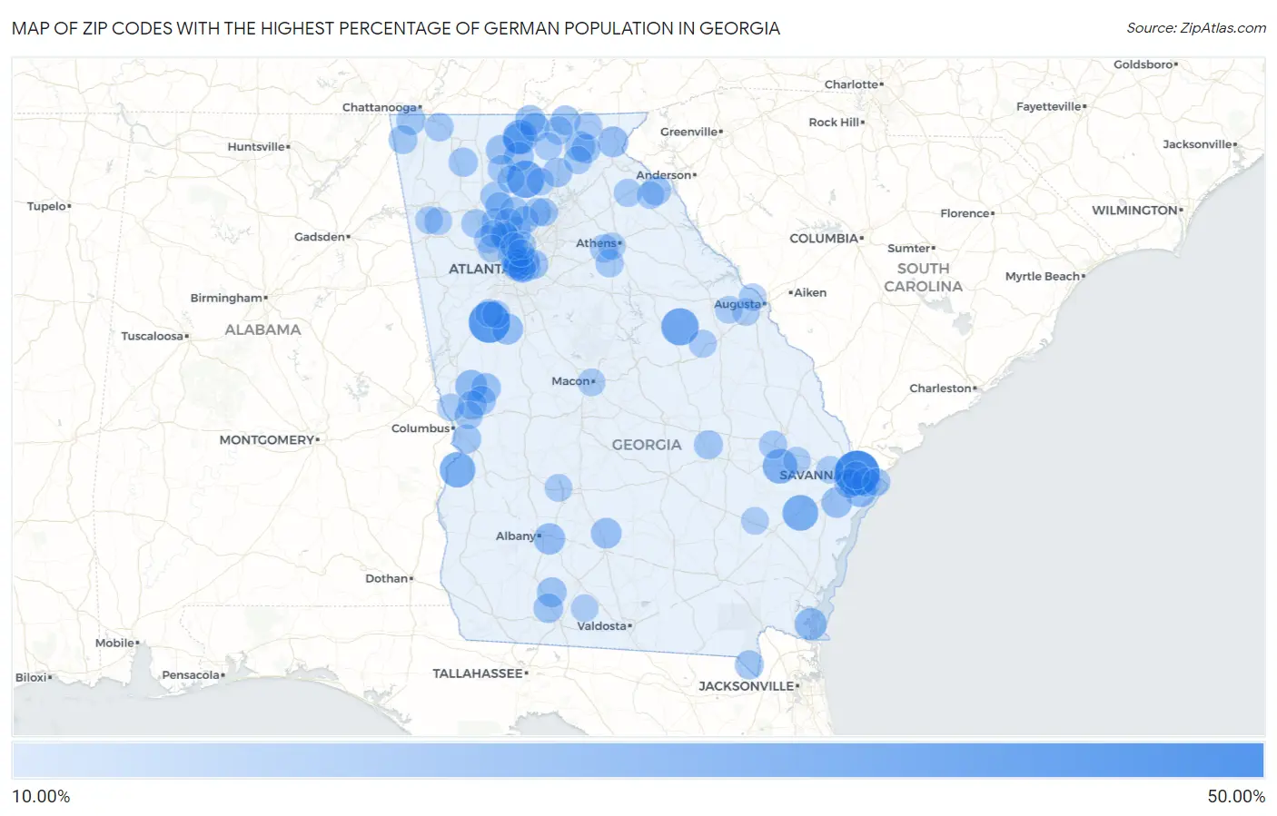 Zip Codes with the Highest Percentage of German Population in Georgia Map