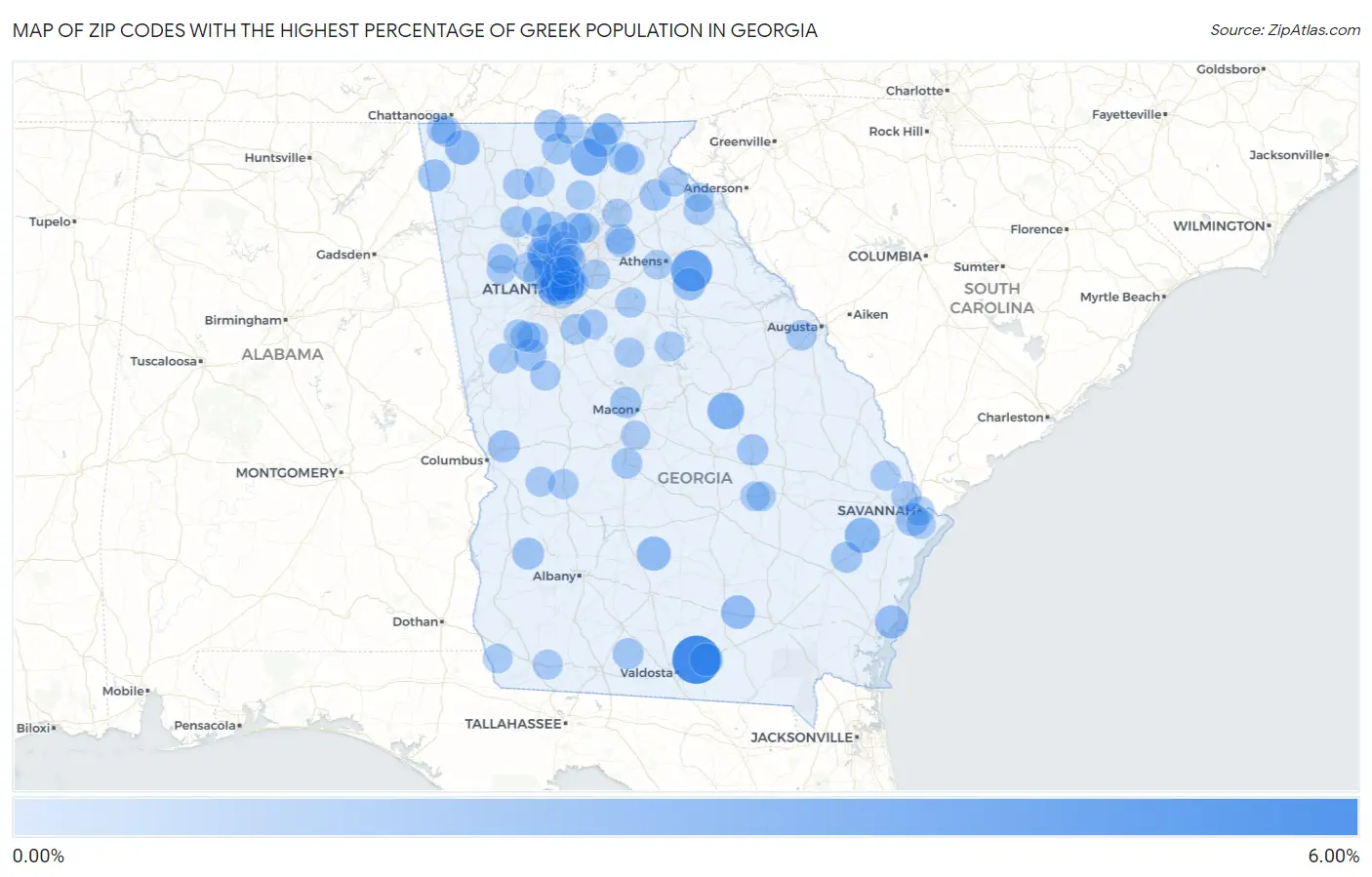 Zip Codes with the Highest Percentage of Greek Population in Georgia Map